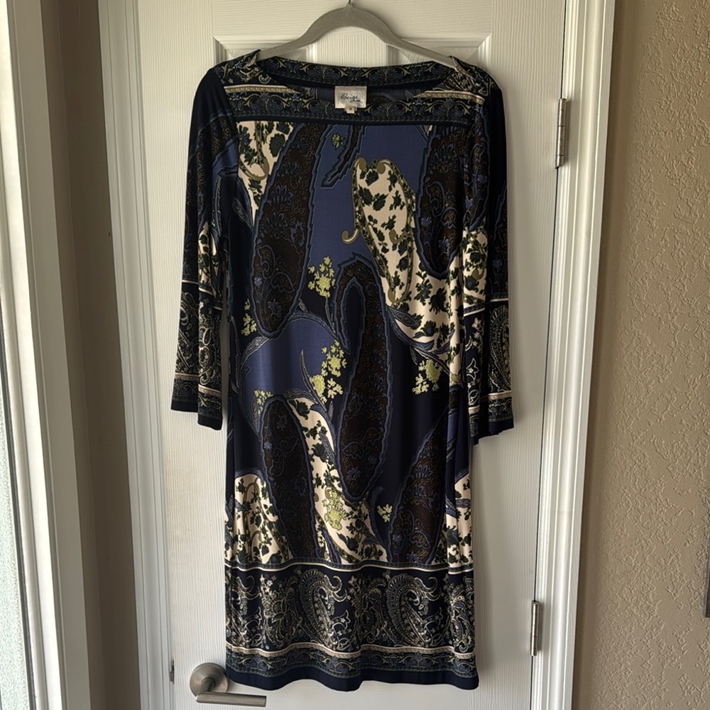 BEIGE by eci Dress Stretch Boat Neck Paisley Print Size 10 Blue Multicolor